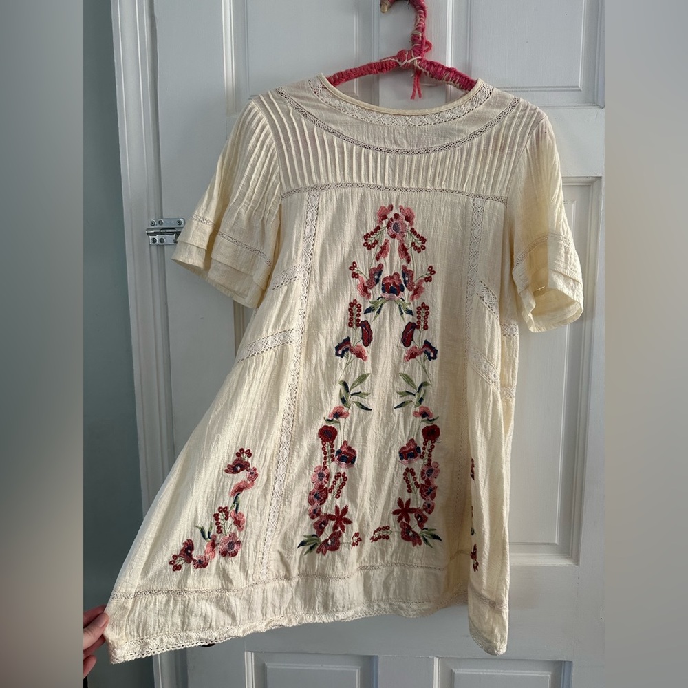 Vintage cream embroidered tunic top short dress